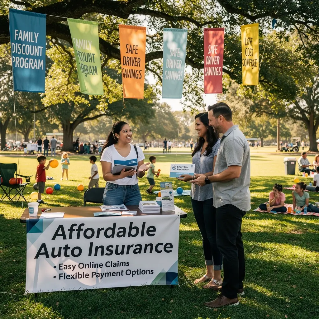 Счастливая семья рядом с автомобилем, символизирующая безопасность